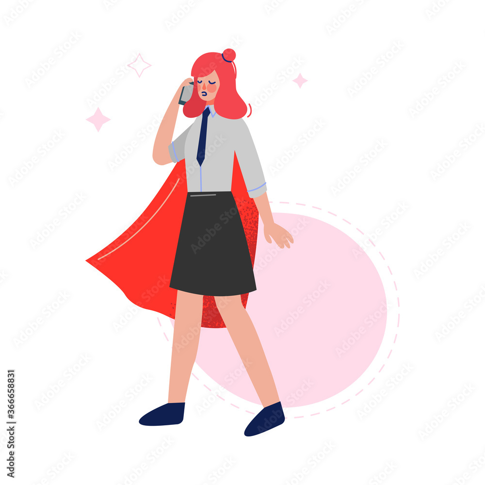 Super Businesswoman Wearing Red Cape Talking on the Phone, Successful Superhero Business Character, Leadership, Challenge Goal Achievement Vector Illustration Super Businesswoman Wearing Red Cape Talking on the Phone, Successful Superhero Business Character, Leadership, Challenge Goal Achievement Vector Illustration