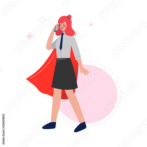 Super Businesswoman Wearing Red Cape Talking on the Phone  Successful Superhero Business Character  Leadership  Challenge Goal Achievement Vector Illustration