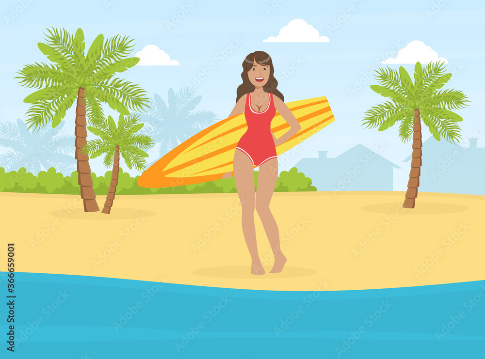 Beautiful Girl in Swimsuit Standing with Surfboard on Tropical Beach Vector Illustration