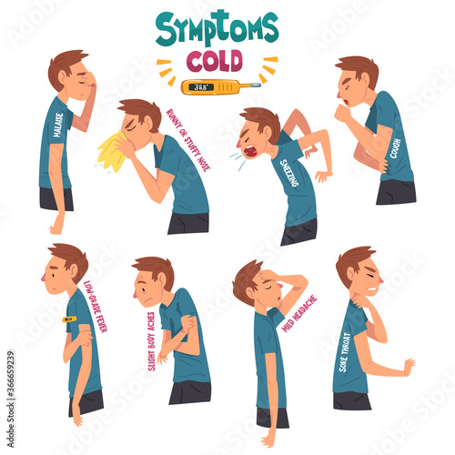 Cold Symptoms Set, Man Having Cough, Malaise, Runny or Stuffy Nose, Sore Throat, Low Grade Fever Cartoon Style Vector Illustration