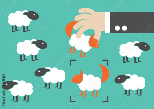 Business sham cheating. Wolf in sheep clothes fooling a sheep flock  arrested  concept.