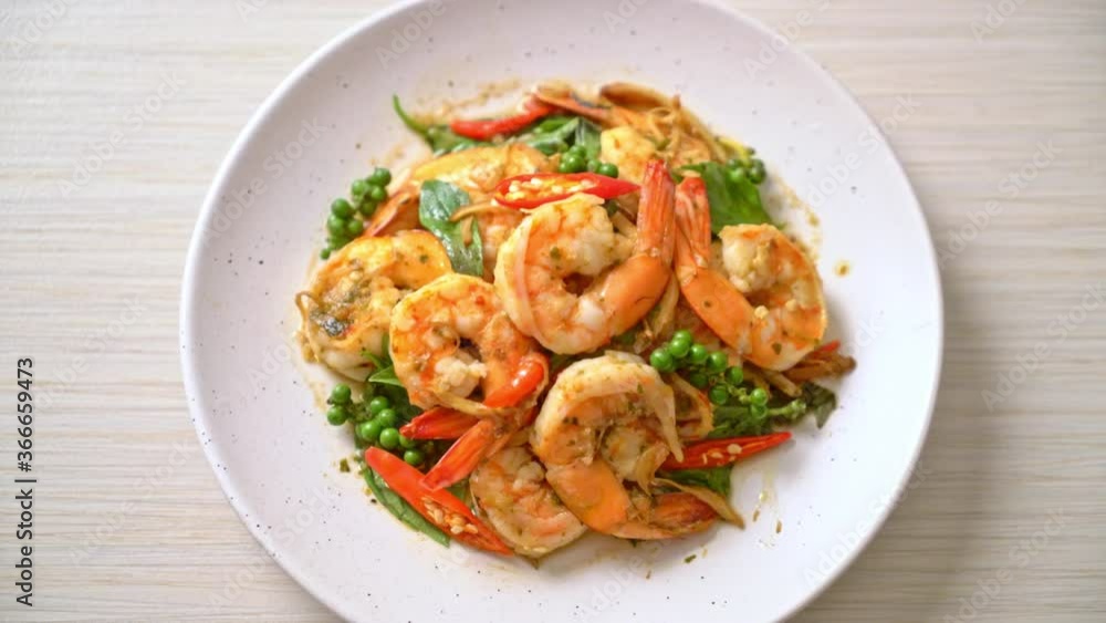 stir fried holy basil with shrimps and herb - Asian food style stir fried holy basil with shrimps and herb - Asian food style