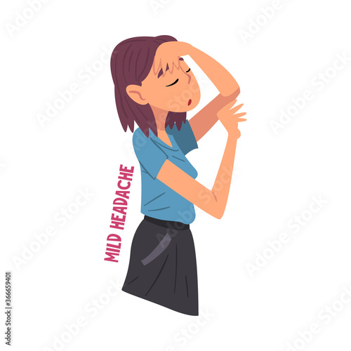 Cold Symptom, Girl Having Mild Headache, Medical Treatment and Healthcare Concept Cartoon Style Vector Illustration