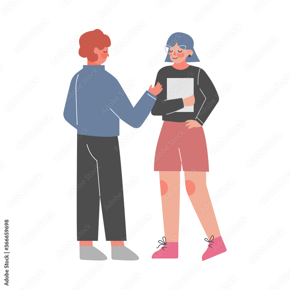Young Man and Woman Talking and Discussing, Meeting of Friends or Colleagues Vector Illustration on White Background