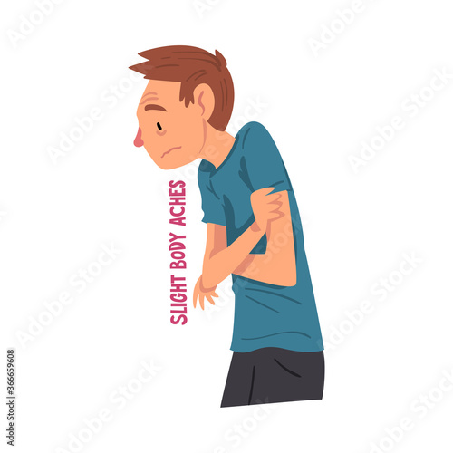 Cold Symptom, Man Suffering from Slight Body Aches, Medical Treatment and Healthcare Concept Cartoon Style Vector Illustration
