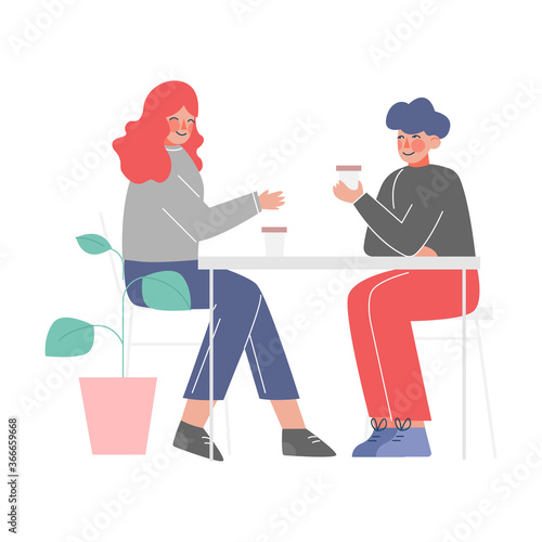 Young Man and Woman Talking at the Table and Drinking Coffee, Meeting of Friends or Colleagues Vector Illustration on White Background