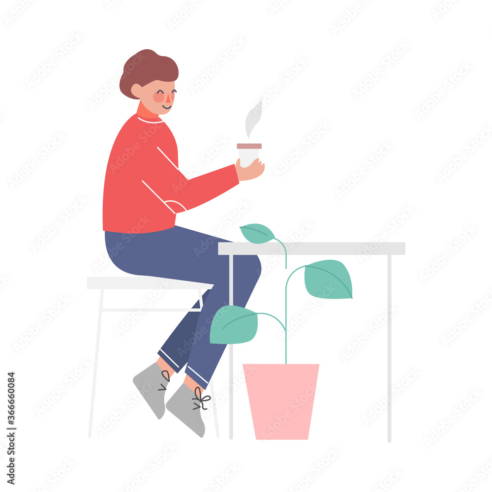 Businessman Sitting at the Table, Drinking Coffee and Talking, Young Man at Working Process or Meeting Vector Illustration Isolated on White Background Businessman Sitting at the Table, Drinking Coffee and Talking, Young Man at Working Process or Meeting Vector Illustration Isolated on White Background