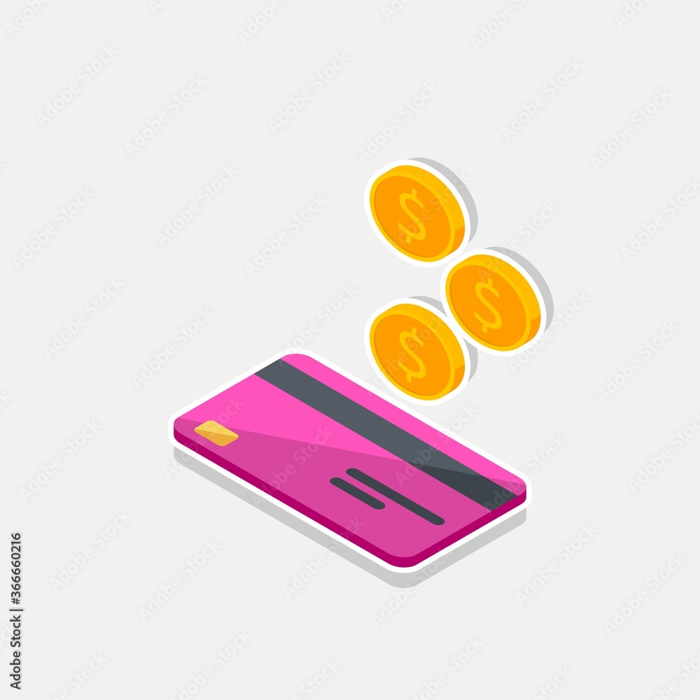Cash get a bank card Pink left view - White Stroke+Shadow icon vector isometric. Cash get a bank card Pink left view - White Stroke+Shadow icon vector isometric.