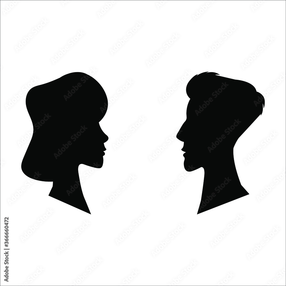 Man and woman, black head silhouette, opposite each other. Vector illustration, flat cartoon design, isolated on white background, eps 10.