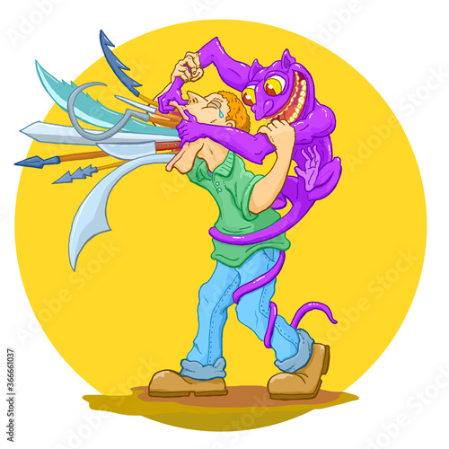 Fotografía Cartoon man spitting sharp swords and daggers forced by purple demon monster on