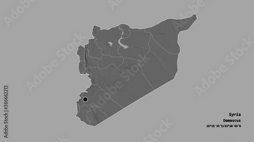 Dayr Az Zawr, province of Syria, with its capital, localized, outlined and zoomed with informative overlays on a bilevel map in the Stereographic projection. Animation 3D photo