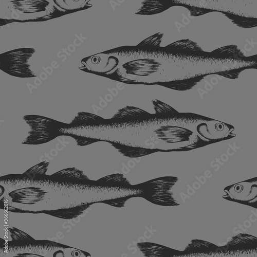 Vector seamless pattern with black hand drawn fishes isolated on grey background. Seafood design for fish market, packaging, print, fabric, wallpaper, card