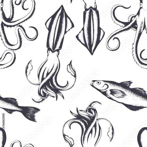 Vector seamless pattern with black hand drawn squids  fishes  octopuses isolated on white background. Seafood design for fish market  packaging  print  fabric  card  wallpaper