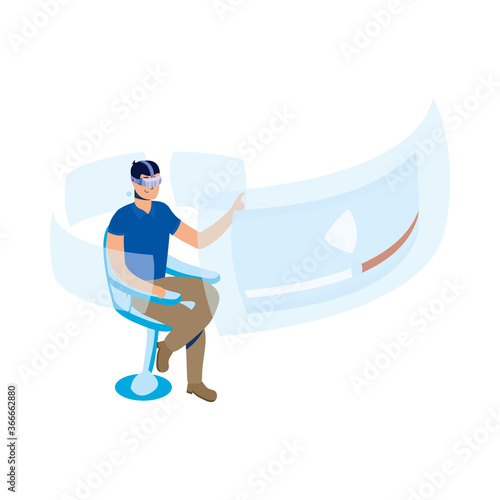 young man using reality virtual tech in chair with interactive display