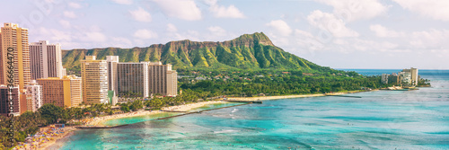 Hawaii waikiki beach in Honolulu city, aerial view of Diamond Head famous landmark travel landscape destination in Oahu island, USA. Banner panorama.