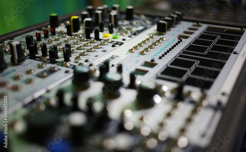 modular synthesizer eurorack format in recording studio close up 