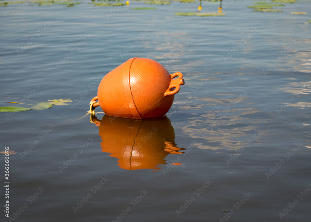 red buoy in the foreground, meadow of yellow water roses in the background red buoy in the foreground, meadow of yellow water roses in the background