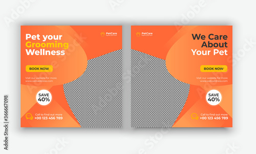 Pet care social media post or web banner template. Pet care service promotional banner. Pet shop bundle stories, we care about your pet, grooming wellness