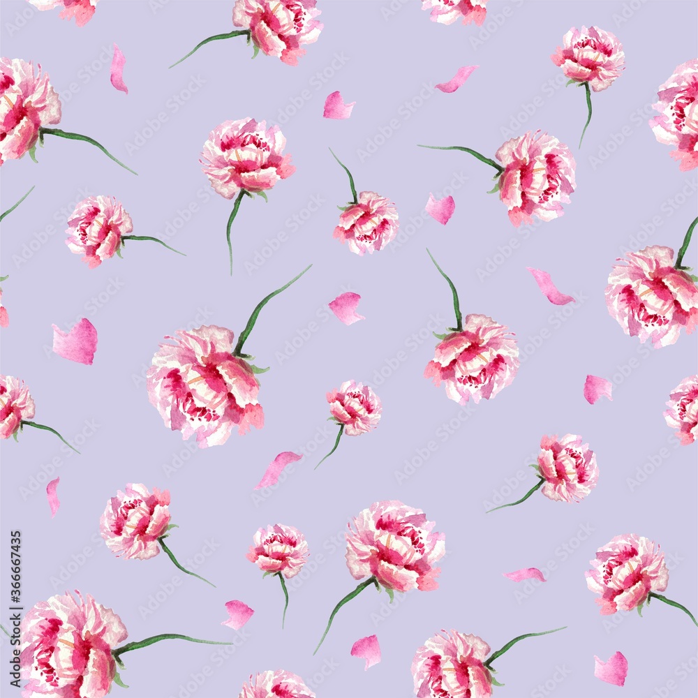 geometric seamless pattern pink peonies watercolor illustration