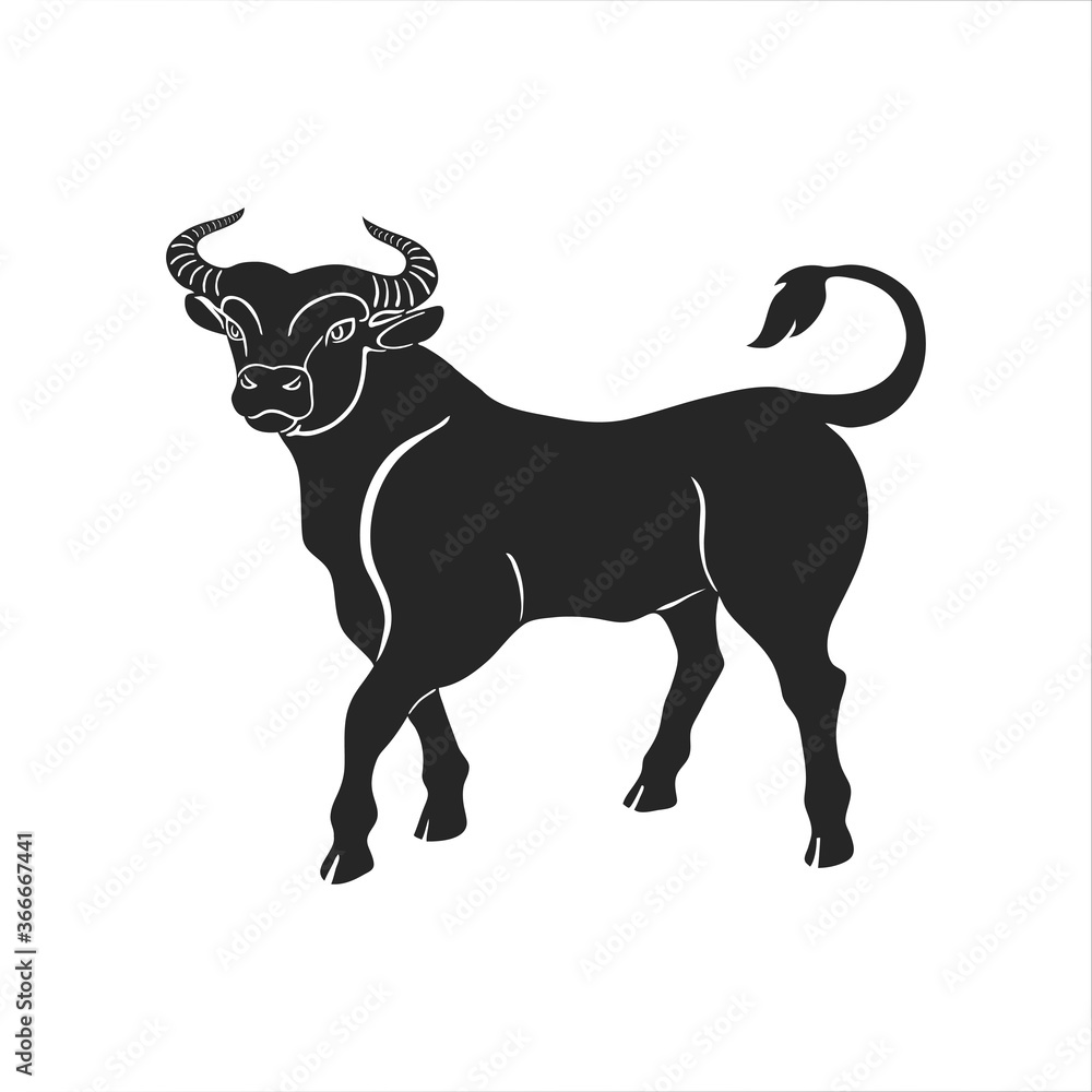 Obraz premium full-length silhouette of a calmly walking bull that looks confidently in front of it. Vector illustration of a bull - a symbol of the Chinese New Year, can be used for plotter and laser cutting