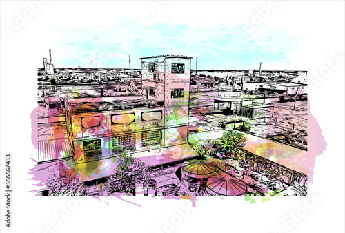 Building view with landmark of Abilene is a city in Taylor and Jones counties in Texas, United States. Watercolor splash with hand drawn sketch illustration in vector.