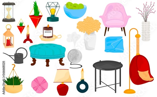 Home decor and furniture objects isolated on white background. House cozy accessories. Vector illustration