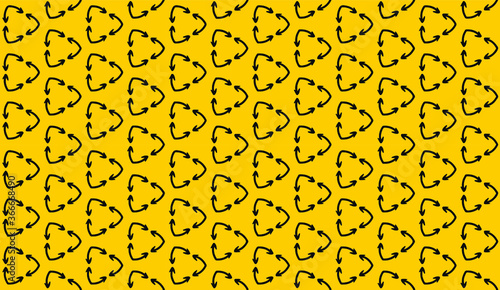 curved arrows in a seamless pattern, reinterpretation of the recycling symbol, black and yellow wallpaper, simple background, vector illustration