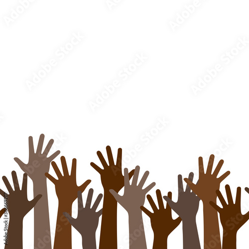Multicultural crowd protest symbol of black people with hands up, teamwork of multinational team, horizontal seamless pattern