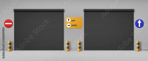 Garage doors, commercial hangar entrances with roller shutters and signs. Warehouse close boxes, Realistic 3d vector storage for car parking or rent, rooms for repair service with metal doorways