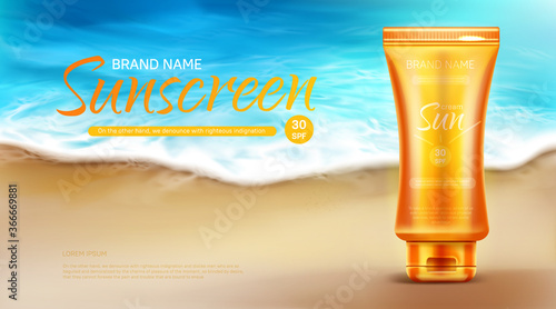 Sunscreen protection cosmetic ad banner, summer uv block cream tube stand on sand at coastline with foamy sea waves background, skin care solar lotion. Realistic 3d vector illustration, promo poster