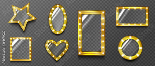 Retro mirrors, glass with gold lamp frames, hollywood vintage design billboards borders, casino style glowing screens of round, heart, star and rectangular shapes, Realistic 3d vector illustration
