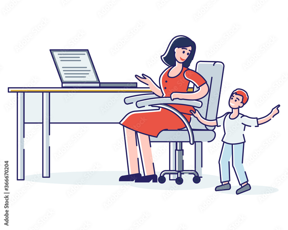 Busy mother working from home with small kid. Female business woman or freelancer work on laptop