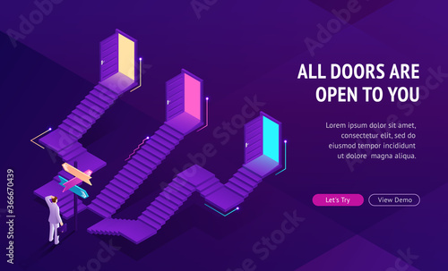 Concept of choice right way. Problem of statistical illusion in tv game. Vector landing page of making decision with isometric illustration of undecided businessman and stairs with open doors
