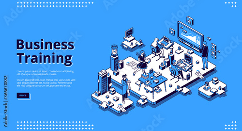 Business training banner. Conference, seminar and lecture for team education. Vector landing page of professional learning in company with isometric people and teacher in office