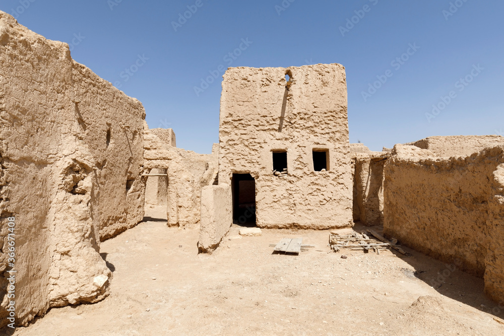 Abandoned houses in the traditional construction of Arabic adobe architecture in Qusur al Muqbil near Riyadh in Saudi Arabia