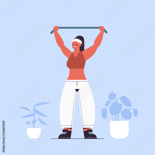 sportswoman doing exercises with resistance band girl having workout cardio fitness training healthy lifestyle home sport concept full length vector illustration
