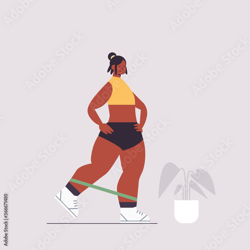 african american sportswoman doing exercises with resistance band girl having workout cardio fitness training healthy lifestyle sport concept full length vector illustration