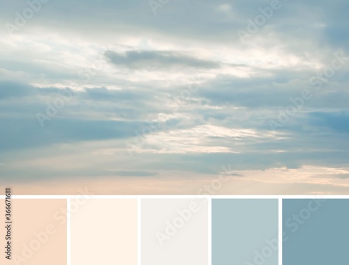 Beautiful grey clouds, soft and delicate light blue and pink colors in the sky. Color palette swatches, natural combination of colors, inspired by nature. Summer fresh pastel tones and shades.