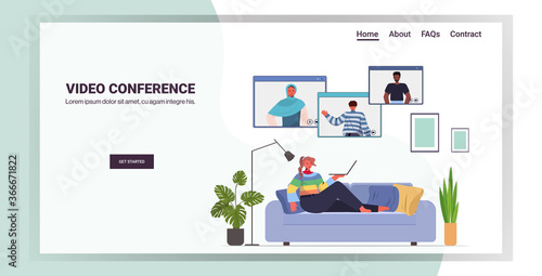 woman chatting with mix race friends during video call people having online conference meeting communication concept living room interior horizontal full length copy space vector illustration