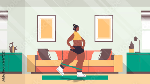 african american woman doing exercises at home with resistance band girl having workout cardio fitness training healthy lifestyle sport concept living room interior full length vector illustration