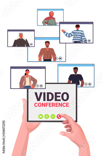 human hands using tablet pc chatting with mix race colleagues during video call online conference meeting communication concept vertical vector illustration