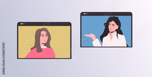 girls in web browser windows chatting during video call online conference meeting communication concept portrait horizontal vector illustration