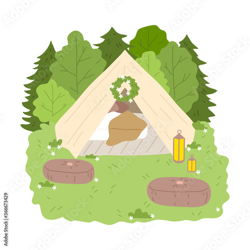 Glamping house for stay with bedroom inside surrounded by green nature and poufs