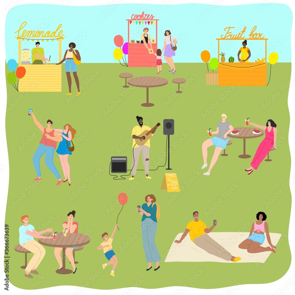Fototapeta premium People enjoying activities and street food and drinks during summer festival