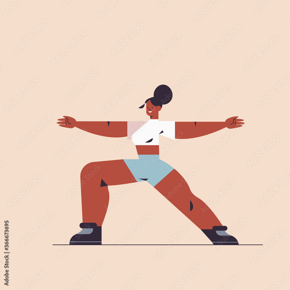 african american sportswoman doing stretching exercises girl having workout cardio fitness training healthy lifestyle sport concept full length vector illustration