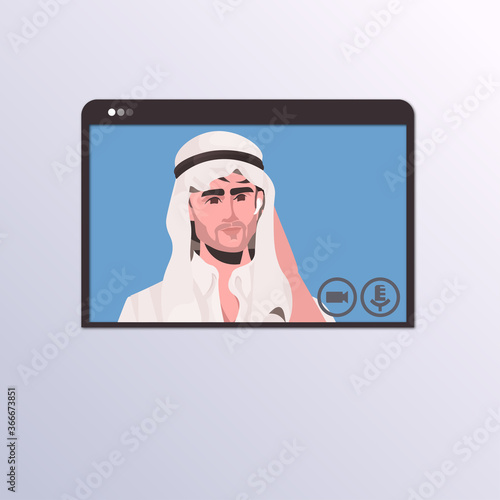 arab businessman having virtual conference during video call remote work quarantine isolation communication concept arabic man in web browser window portrait horizontal vector illustration