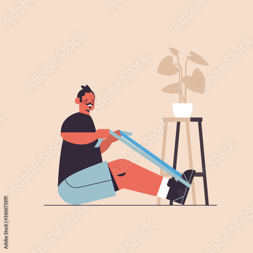 sportsman doing exercises with resistance band guy having workout cardio fitness training healthy lifestyle home sport concept full length vector illustration