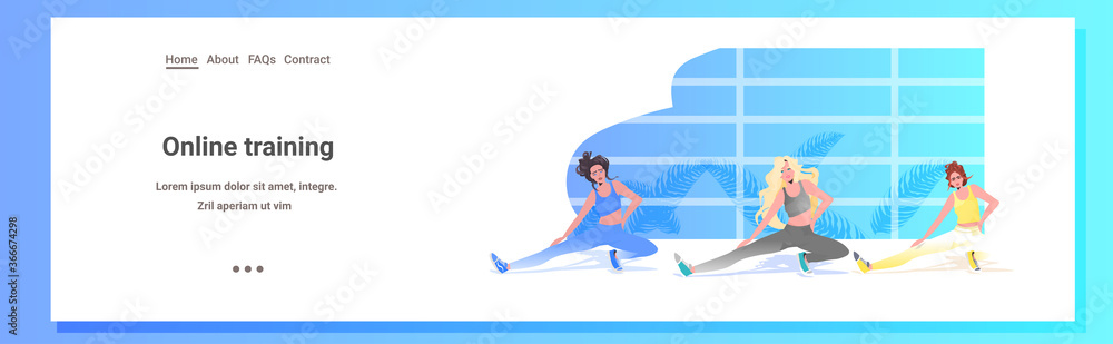 mix race women doing yoga fitness exercises training healthy lifestyle concept girls working out horizontal full length copy space vector illustration
