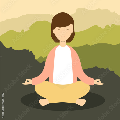 woman meditating on mountain vector