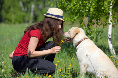 Girl in straw hat and long brown hair gives her dog sniff of dandelion